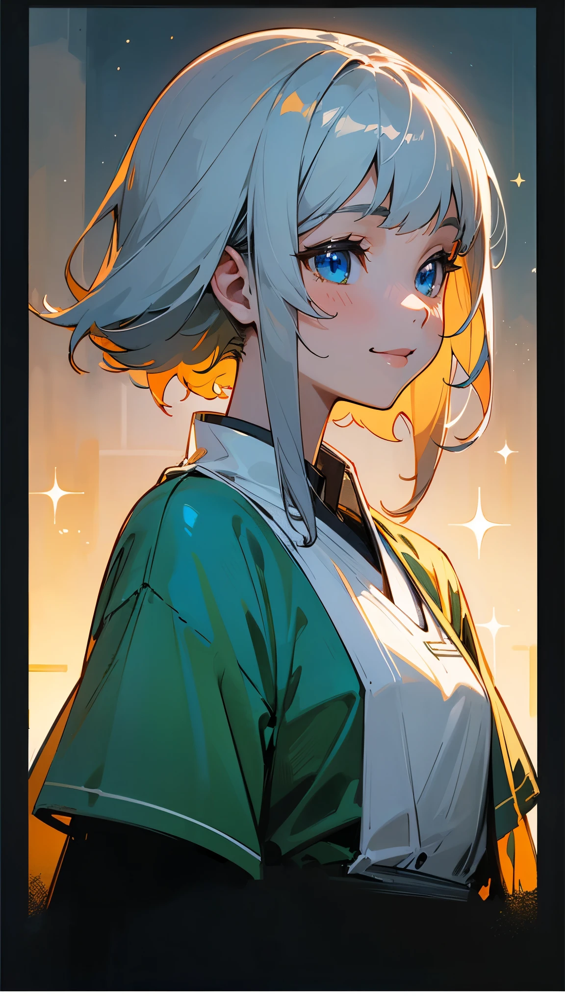 1 Girl、solo、Anime style painting、Upper body close-up、smile、From the side, impression, (Oil), Green and orange tones、Silver Hair, (Sparkling Blue Eyes)、Delicate contours、Park under the moonlight、Background Blur, The depth of the drawn border
