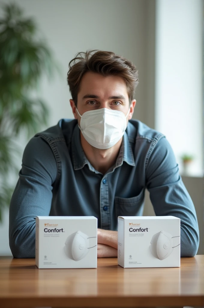 Create an advertisement of a man wearing a white mask sitting at a table with 2 boxes of masks with the PlusConfort brand on the table. 