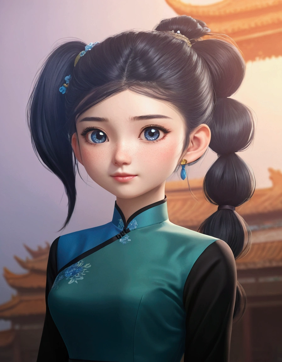 a girl, ponytail hair, blue cash china dress with black long sleeves, realistic face, 4k