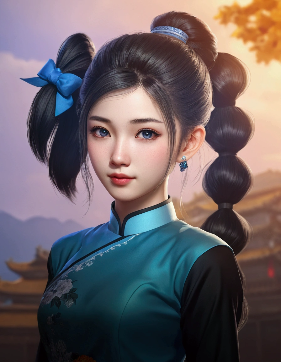 a girl, ponytail hair, blue cash china dress with black long sleeves, realistic face, 4k