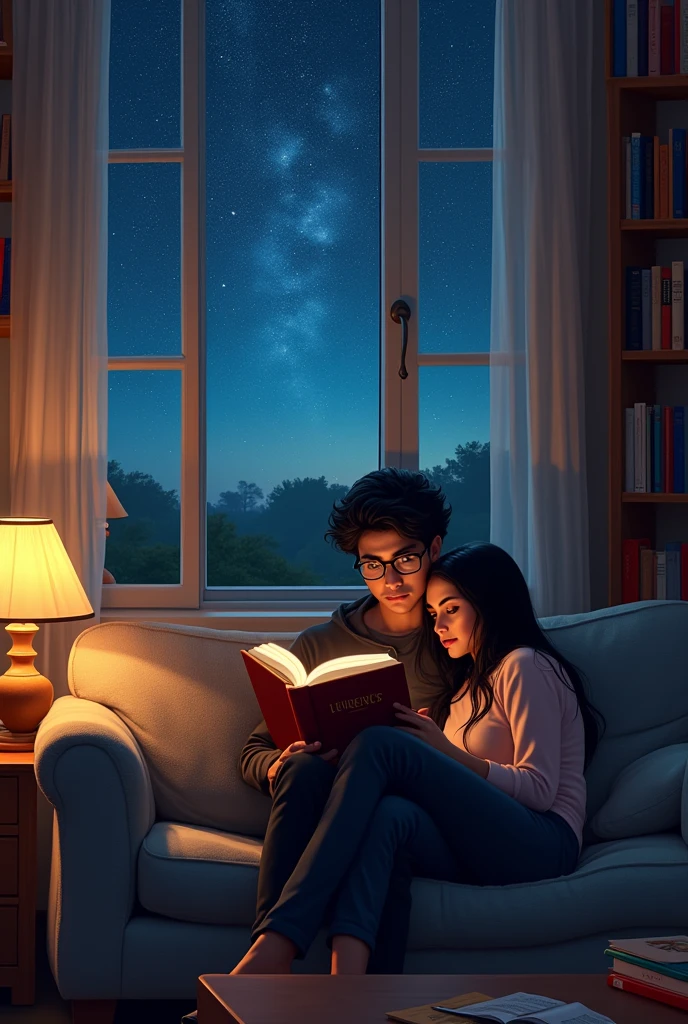 couple in the living room, boyfriend wearing glasses with dark voluminous hair, sitting on the sofa and girlfriend with black hair, curious, full of life,
laying down with her head on her boyfriend's thigh, They are reading a book, There is a bookshelf full of books and a window showing the starry night