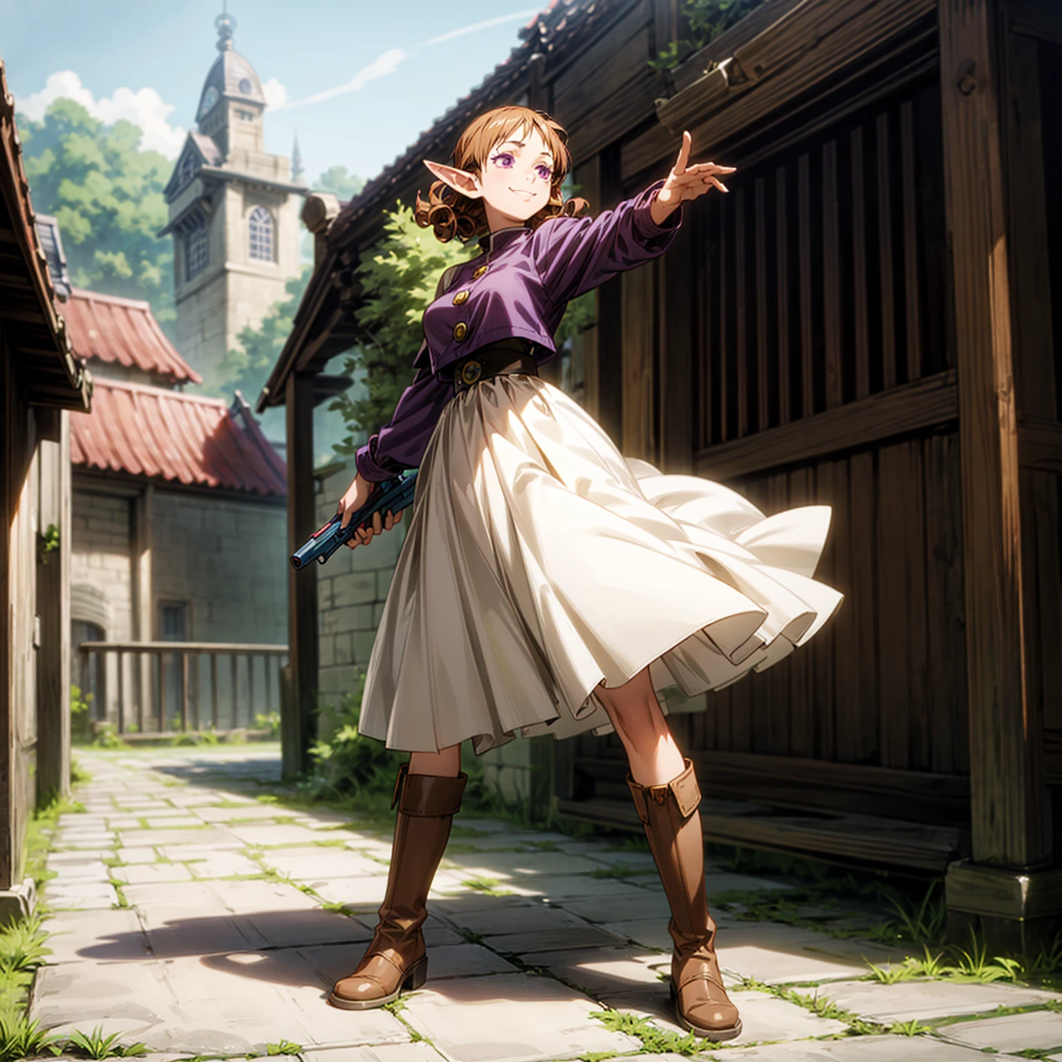 Solo character, full body version, old girl, (elf), purple eyes, brown color hair, long curly haircut, casual outfit, boots, outdoor, town, medieval, morning, standing gesture, detailed background, detailed clothing, detailed hair, (Bleach style art, Doraemon style art), happy eyes, smile mouth, big breast, hand gun in hand 