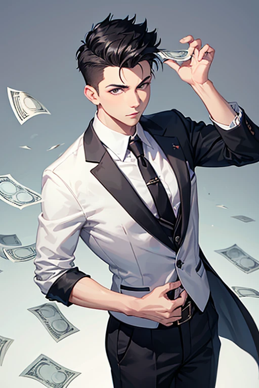 create a boy with short black hair with a small quiff on the right side, This guy is very good at managing his own money, he knows a lot about personal finances, this is a gift for him