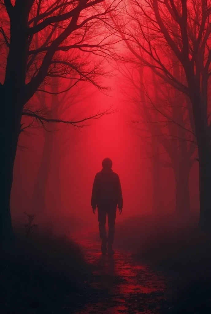 Ominous atmosphere, A work that evokes anxiety and fear, ((masterpiece, best quality, Highest image quality, high resolution, Reality, RAW photos, 8K)), ((Extremely detailed CG unified 8k wallpaper)), The illusion is dark and filled with red mist,一个极度模糊的male人影在雾的后面,The man's figure was like a tree branch.,There are no other objects in the scene.,(male)