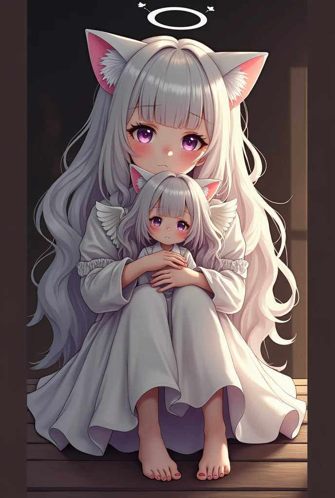 Beauty,Long Wavy Hair,White hair is very attractive, Detailed and precise manual work, Attractive girl, White cat ears,Purple eyes and white eyelashes,light in your eyes,Big angel wings,Hugging the doll,delicate, A fluffy white dress like a cloud, Hand-drawn illustration,Broad background,
