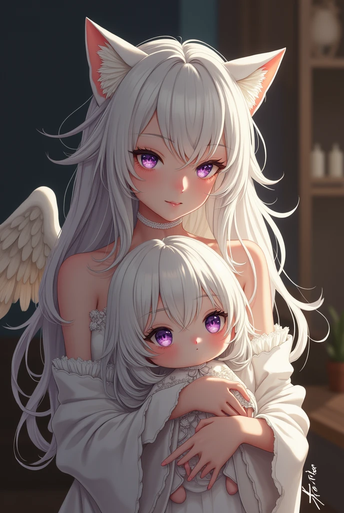 Beauty,Long Wavy Hair,White hair is very attractive, Detailed and precise manual work, Attractive girl, White cat ears,Purple eyes and white eyelashes,light in your eyes,Big angel wings,Hugging the doll,delicate, A fluffy white dress like a cloud, Hand-drawn illustration,Broad background,