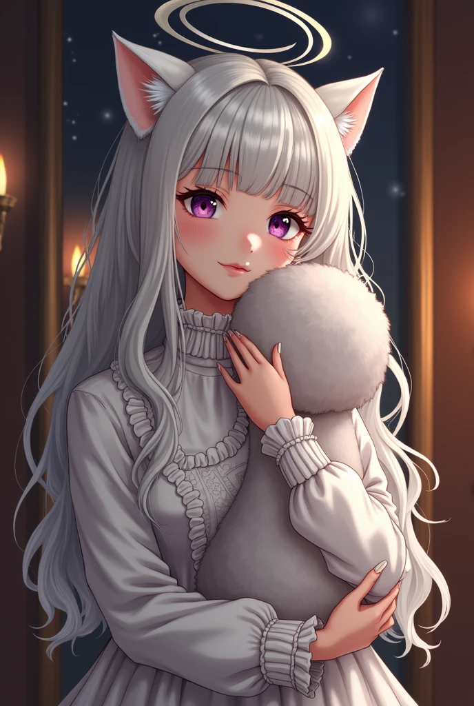 Beauty,Long Wavy Hair,White hair is very attractive, Detailed and precise manual work, Attractive girl, White cat ears,Purple eyes and white eyelashes,light in your eyes,Big angel wings,Hugging the doll,delicate, A fluffy white dress like a cloud, Hand-drawn illustration,Broad background,