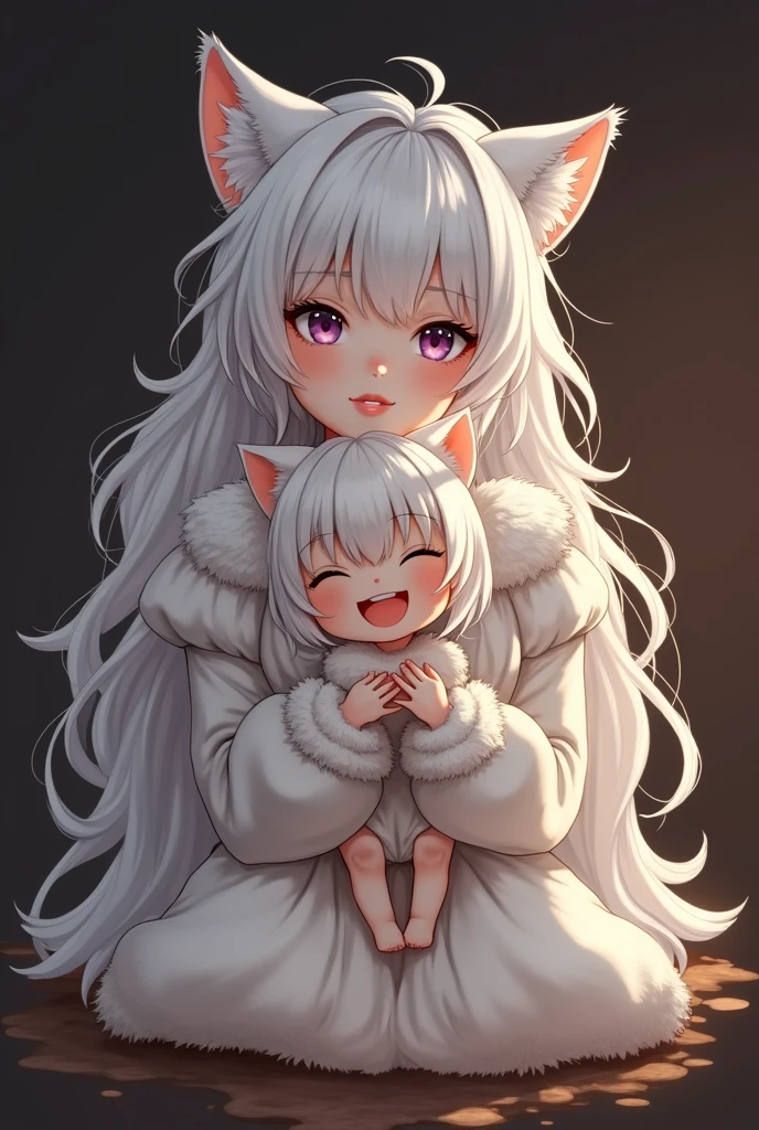 Beauty,Long Wavy Hair,White hair is very attractive, Detailed and precise manual work, Attractive girl, White cat ears,Purple eyes and white eyelashes,light in your eyes,Big angel wings,Hugging the doll,delicate, A fluffy white dress like a cloud, Hand-drawn illustration,Broad background,