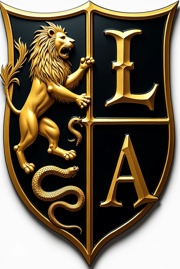 A coat of arms in the shape of a shield divided into four parts, on the upper left side,a lion often used in coats of arms, on the upper left side, a letter L in gothic format, on the lower left side a snake in the same style as the lion, in the lower right corner, a letter A, at the bottom of the lion and the snake, the shield will be black, and the golden animals, at the bottom of the letters,the shield will be golden, and the black letters


