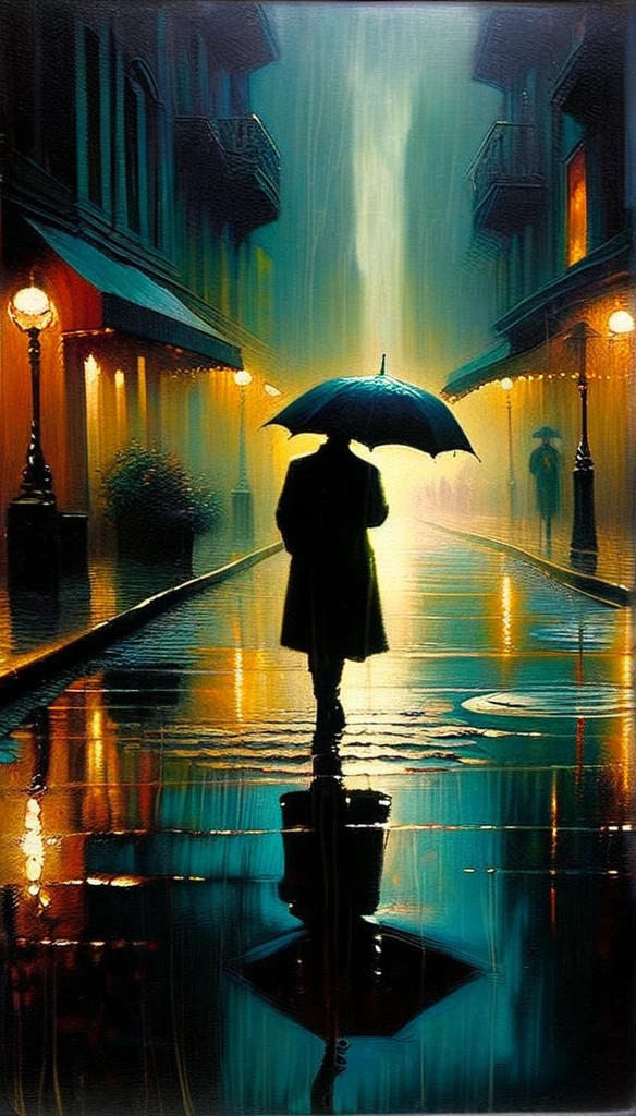 Old world: 1.5, surrealism, impressionism, alone, raining, reflections in a puddle of water, oil painting, chiaroscuro, sensual and dramatic lighting, changing atmosphere, art inspired by Bill Sienkiewicz