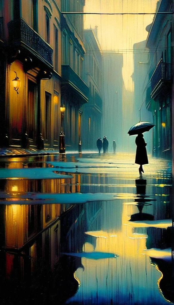 Old world: 1.5, surrealism, impressionism, alone, raining, reflections in a puddle of water, oil painting, chiaroscuro, sensual and dramatic lighting, changing atmosphere, art inspired by Bill Sienkiewicz