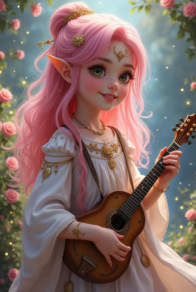 A very young and cheerful girl, She is an RPG character, her hair is pink and she has marks scattered across her body like mystical tattoos because she is the daughter of a fairy, She has elegant clothes for a musician because she is a bard, She has a mandolin and two beautiful scimitars, The marks she has are golden, She has human traits but her hair is quite pink and her ears are slightly large on her arms and neck, she has several golden mystical symbols in her hair, there are flowers and blue streaks