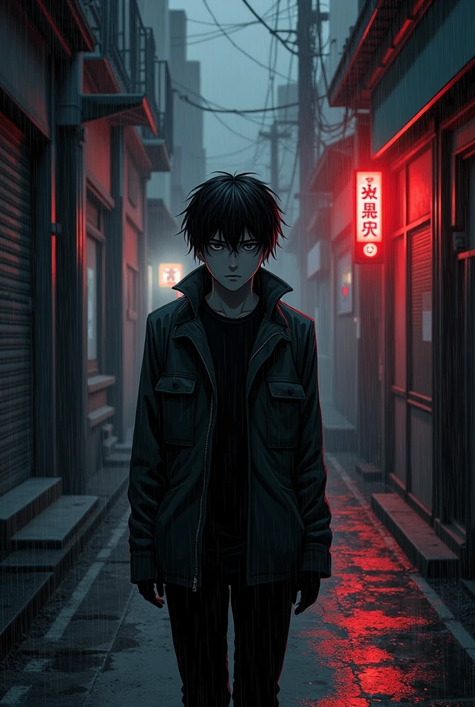 Create a manga cover, the protagonist has black hair and an empty, tired expression. His vibe is kind of dark.