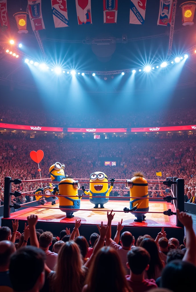 Draw an image of the minions inside a wrestling ring in a sold out Wembley stadium full of fans.