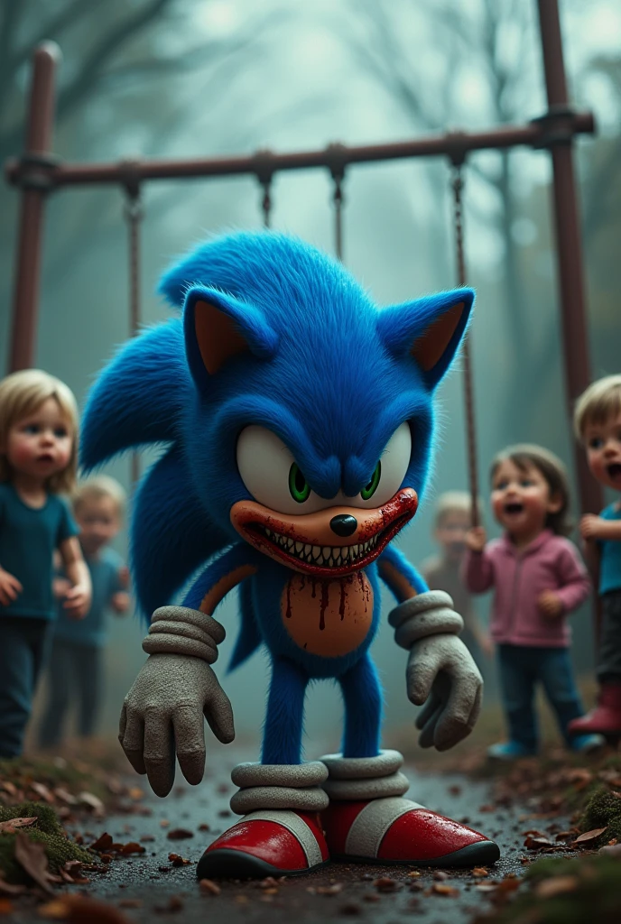 Sonic with a face covered in blood and sharp pointed teeth giving a macabre smile with several children around