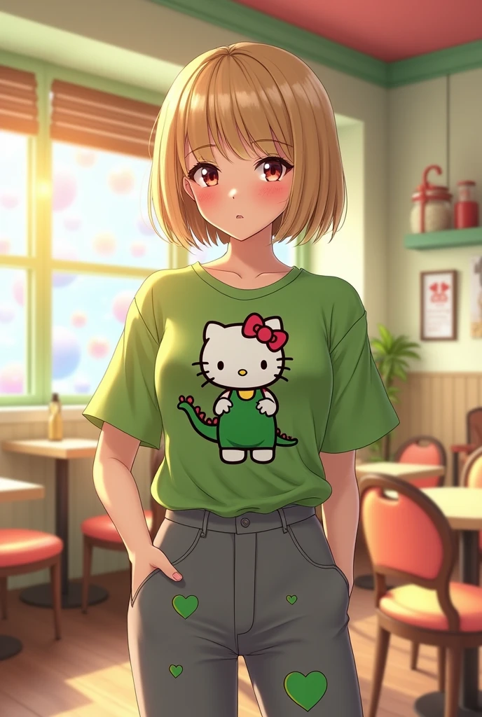 Female character with short, layered bob hairstyle in beige, wearing a green shirt with a dinosaur Hello Kitty in the middle, and gray pants with green hearts.
