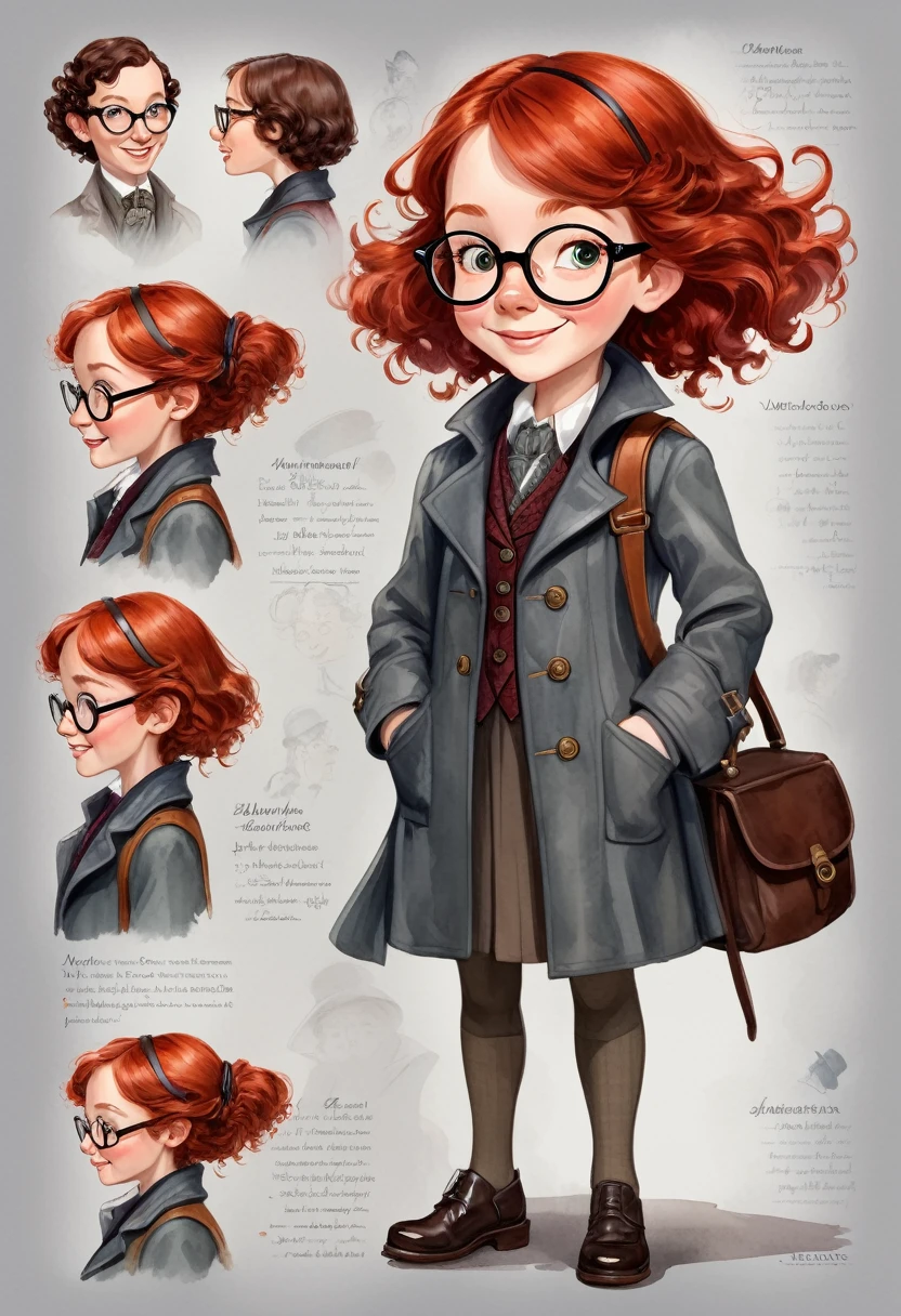 Character sheet for Sian, a young girl with shoulder-length red hair, glasses, and a joyful demeanor, dressed like Sherlock Holmes, masterpiece, best quality, absurdres, children's book illustration, illustration, watercolor, grey background