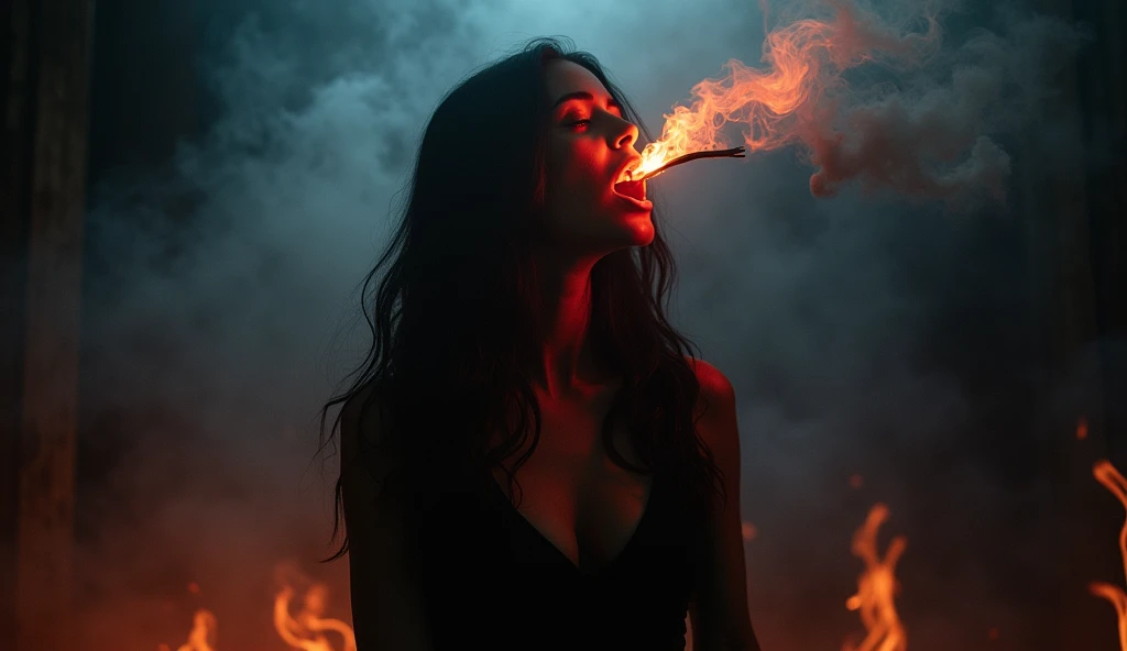 (A woman with a forked tongue burning, symbolizing the deception of lies.)