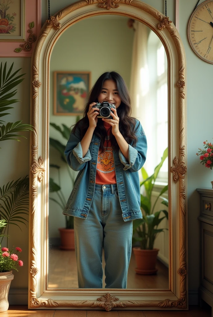 Make an image of a 19-year-old taking a picture in a mirror