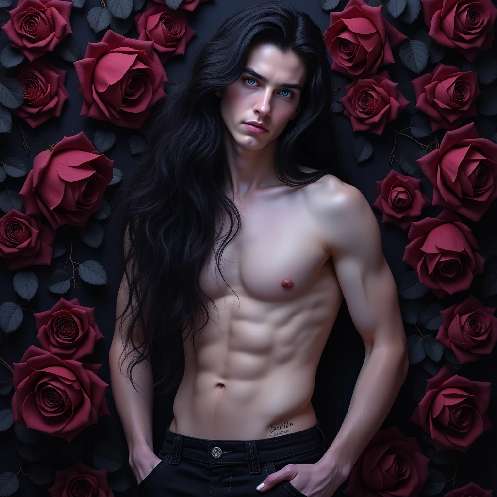 Male, sexy, long black hair, teal blue eyes, young, gothic, delicate features, no facial hair, no body hair, seductive, white and pale. Roses. Sexy pose. Purple and black. Sexy. Sexy pose. Seductive. Sensual. Mole under the left eye. Full body. Long eyelashes. Big bulge in his pants. Exposed torso. Whole body. No facial hair. Pretty face. 