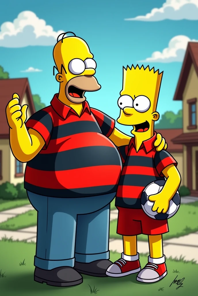 Homer Simpson and his son, Bart Simpson, wearing a red and black striped shirt like Flamengo's