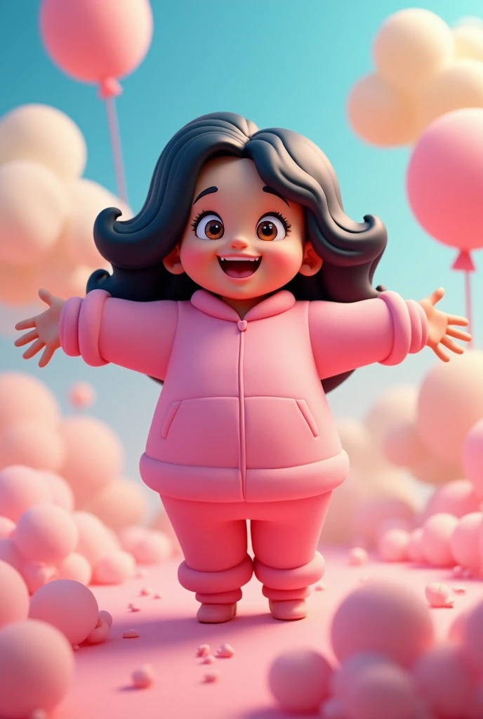 I put a 3D of a 40 year old woman with black hair, short and fat,small Disney-style eyes with pink clothing