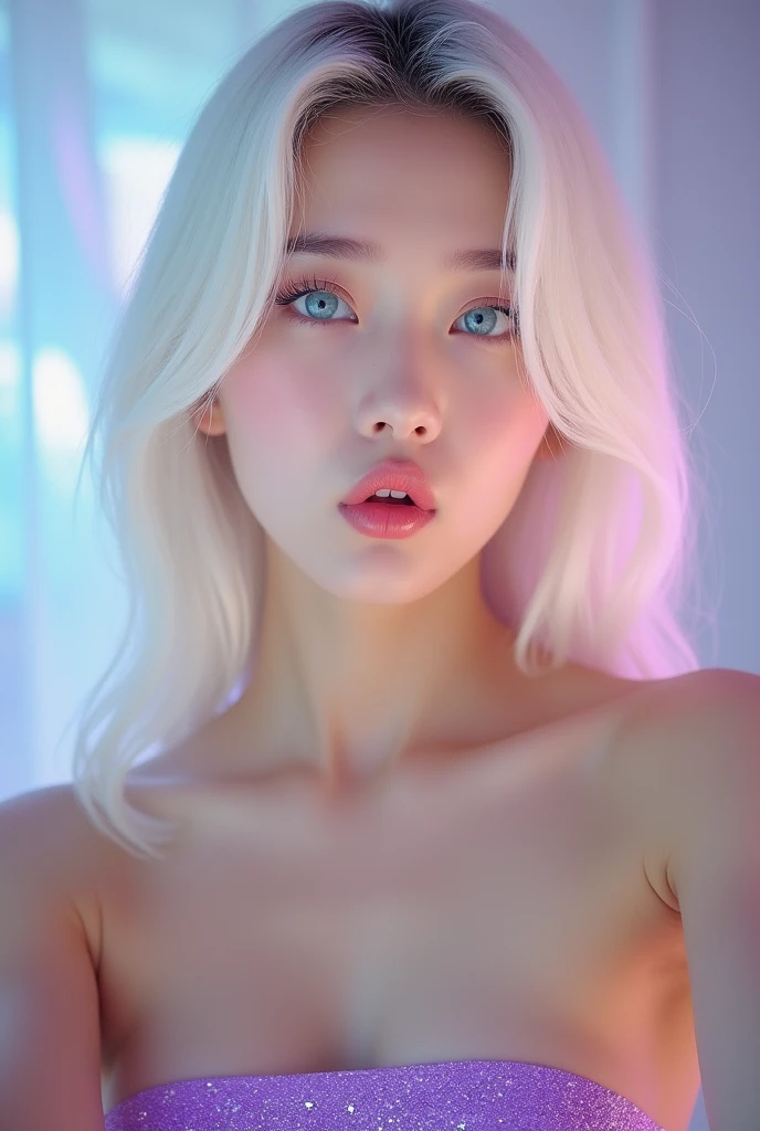 (photorealism:1.2),  Korean girl 21 years, with long straight platinum hair, and blue eyes, pouting, she wears a violet strapless top with glitter, selfie closeup, she have thin upturned nose and her expression is pouting