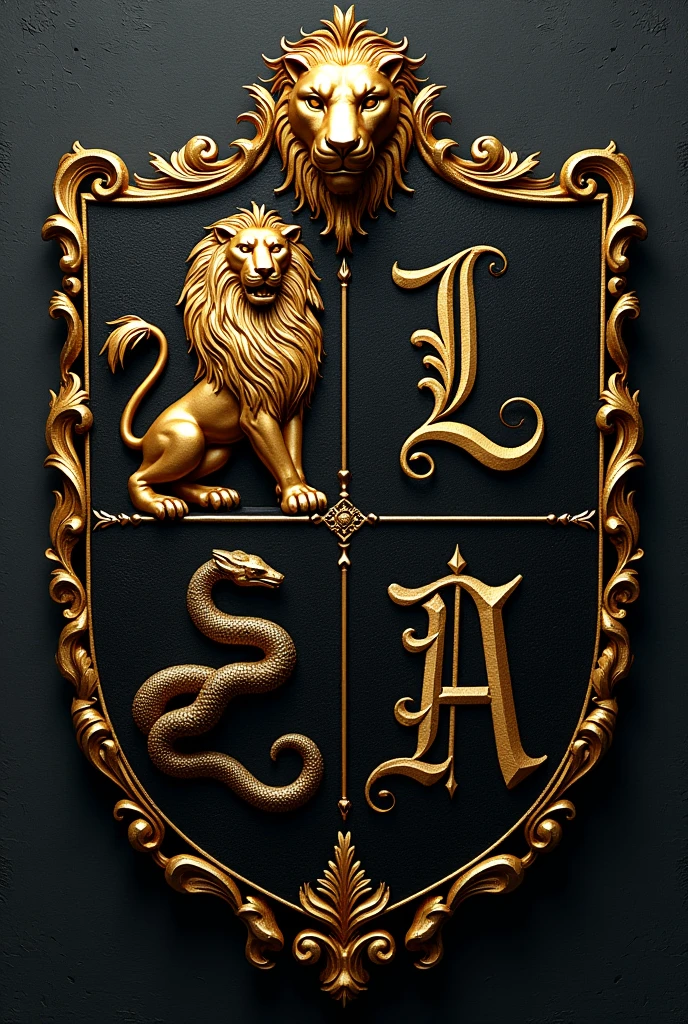 A coat of arms in the shape of a shield divided into four parts, on the upper left side,a lion often used in coats of arms, on the upper left side, a letter L in gothic format, on the lower left side a snake in the same style as the lion, in the lower right corner, a letter A, at the bottom of the lion and the snake, the shield will be black, and the golden animals, at the bottom of the letters,the shield will be golden, and the black letters