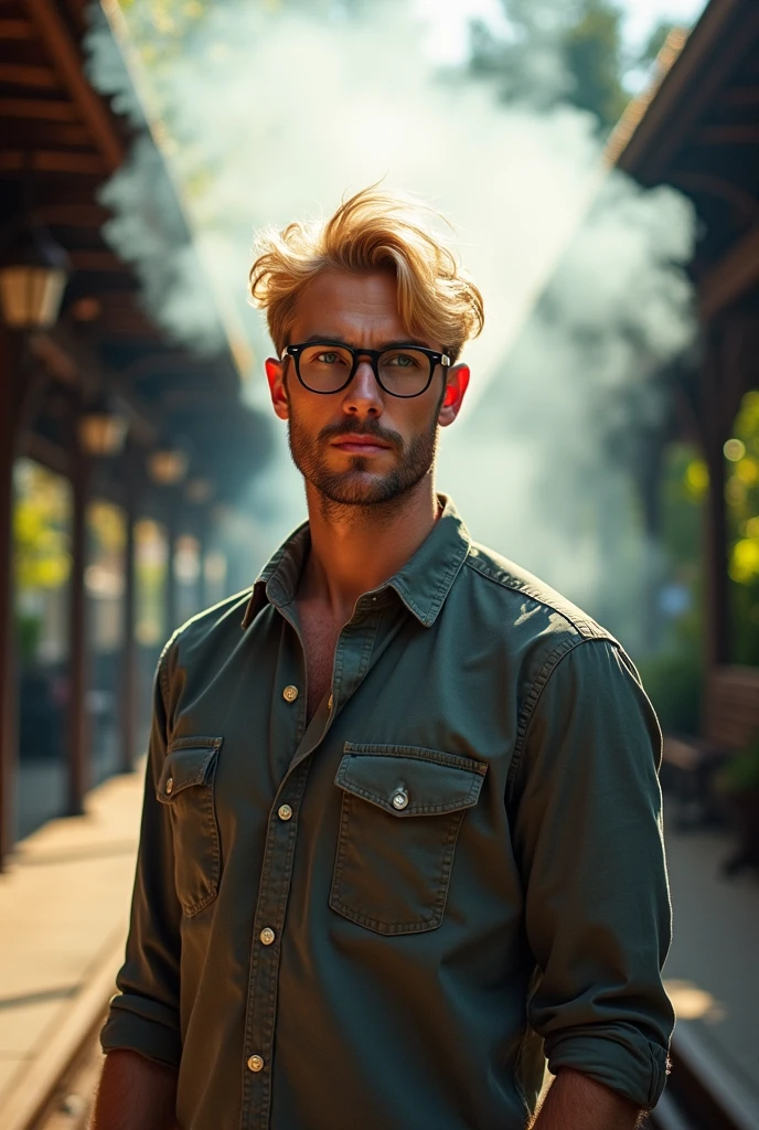 A blonde man with glasses and light hair as a locomotive