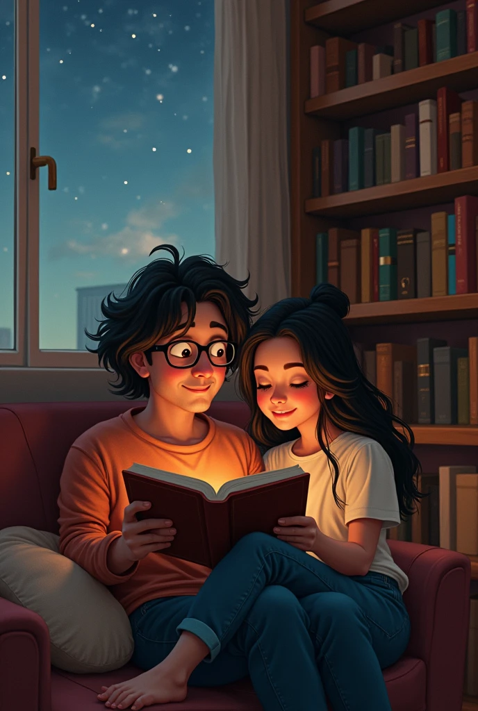 couple in the living room, overweight boyfriend, wearing glasses with voluminous dark hair, sitting on the sofa and overweight girlfriend, with black hair, curious, full of life, 
laying down with her head on her boyfriend's thigh, They are reading a book, There is a bookshelf full of books and a window showing the starry night