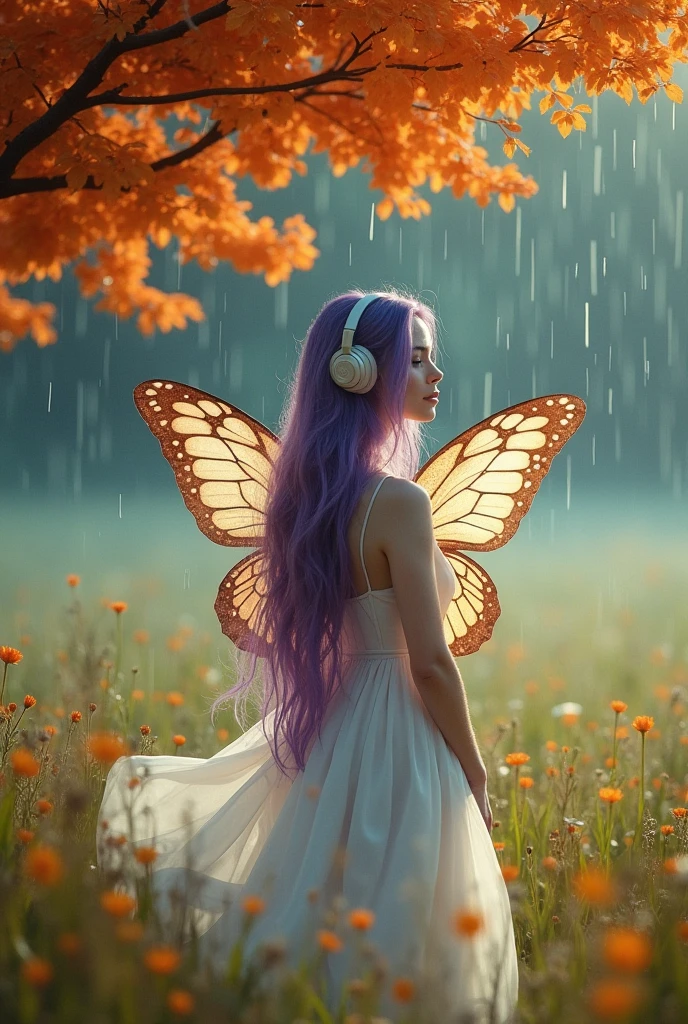 Korean purple hair butterfly woman with headset in a field with an orange tree and white dress falling rain transparent outfit perfect body transparent dress showing buttocks and butterfly wings rainy day shiny and transparent outfit day. Rainy with thin transparent fabric clothes and Korean orange trees