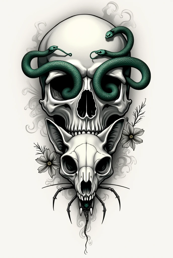 Draw a skull with 2 snakes coming out of its eyes, and below a cat skull with a spider coming out of its eye in tattoo style