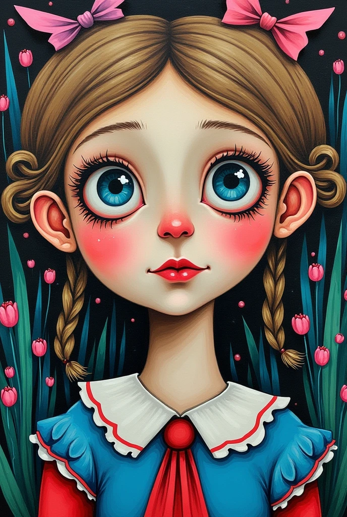 lewis carrol, Alice in Wonderland, Surreal and strange dislocation art:Collage,There are many different things on the faces,neon colors playground toys,Geometric Dislocation,Collage,Hollow,Artistic sense,Painting,paint,Simple, children playing infants girls and boys
