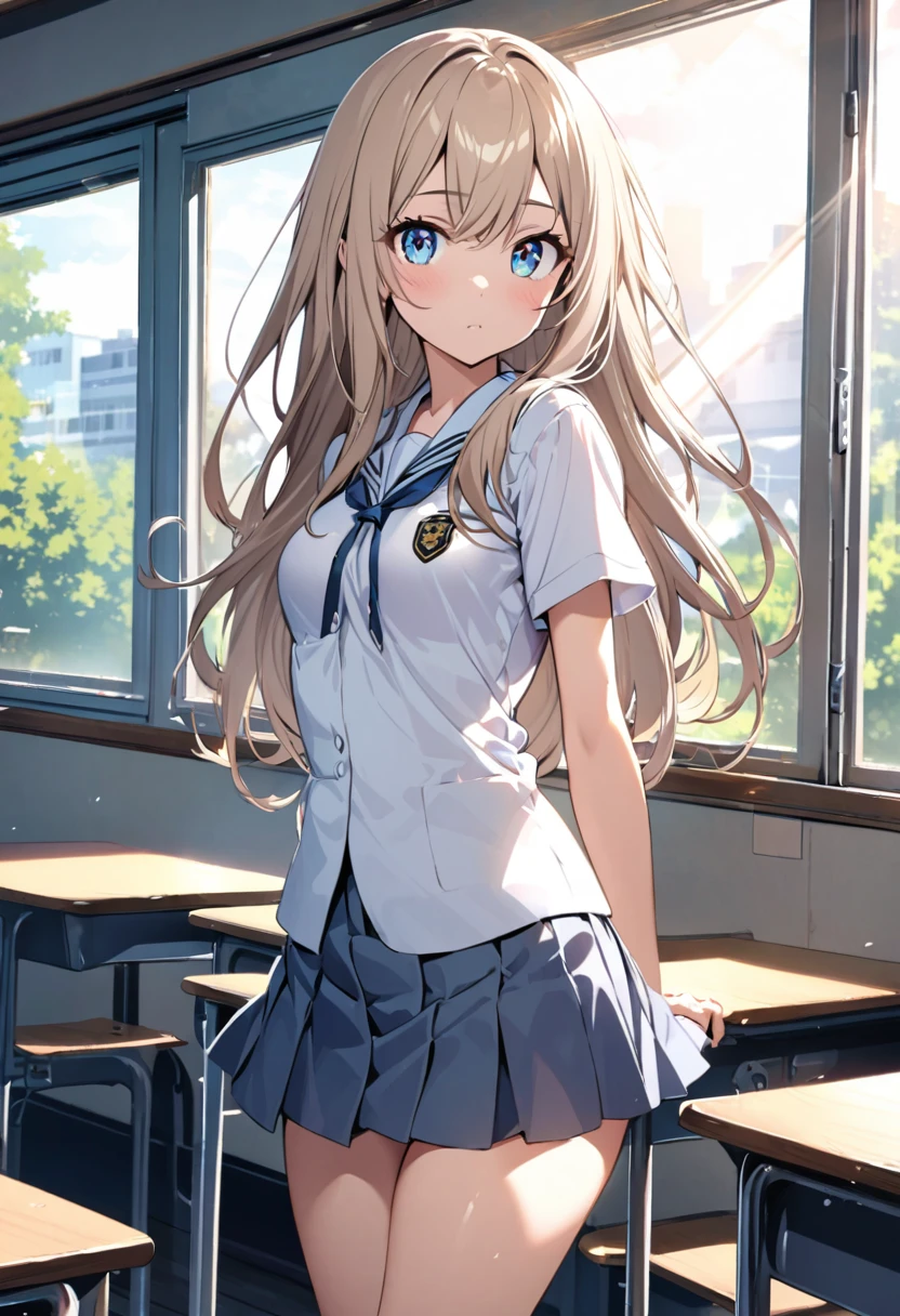 Light brown hair, long hair, Classroom, sunbeams passing through the window, facing the window, looking at the viewer,  cute, light blue eyes, small to medium breasts, school uniform, small to medium thighs