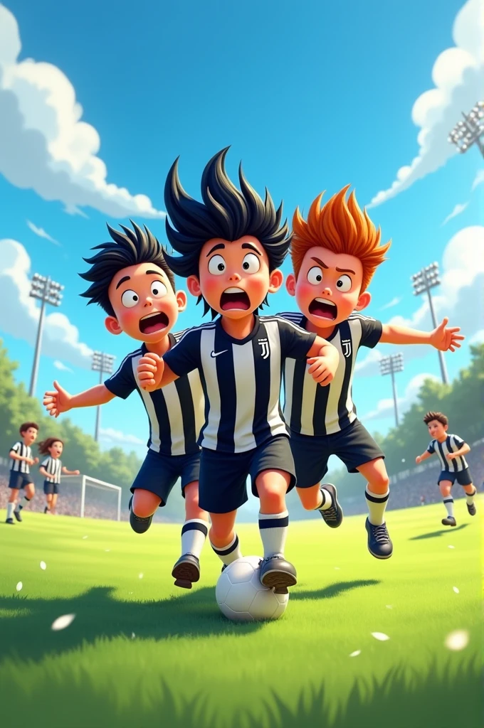 A boy with long black hair and a Juventus shirt being beaten by a group of 3 friends the first one has black hair all on one side and with braces , The other one has crooked and brick-red hair and the third has short brown hair and all three jump over them on the football field 