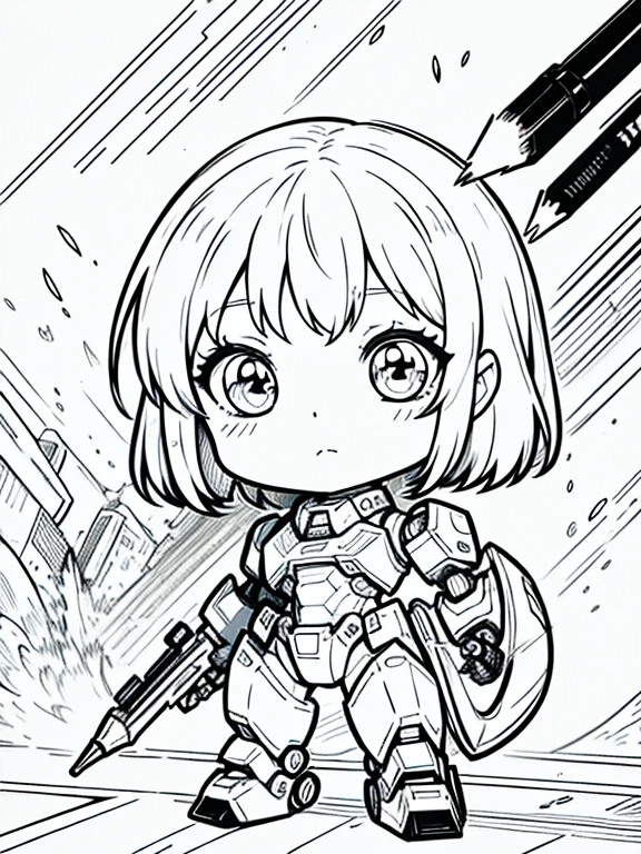 Masterpiece, Best Quality, A Chibi Mecha, Close-Up Line Art, Monochrome, Clean Lines, Black and White, Coloring Book Page