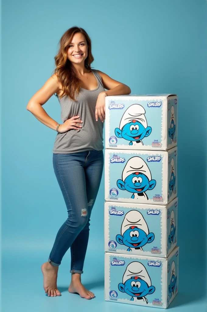 Create an advertisement featuring a woman standing next to a stack of diaper boxes with the brand Smurf Baby.