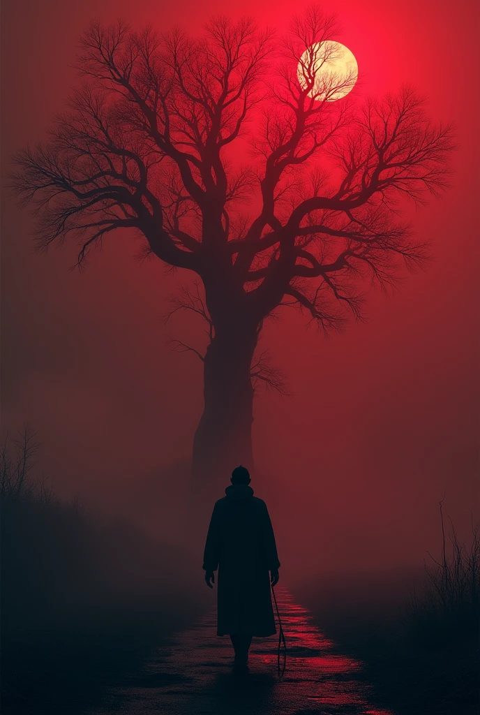 Ominous atmosphere, A work that evokes anxiety and fear, ((masterpiece, best quality, Highest image quality, high resolution, Reality, RAW photos, 8K)), ((Extremely detailed CG unified 8k wallpaper)), The illusion is dark and filled with red mist，一个极度模糊的male人影在雾的后面，The man's figure was like a tree branch.，There are no other objects in the scene.，second person（male）
