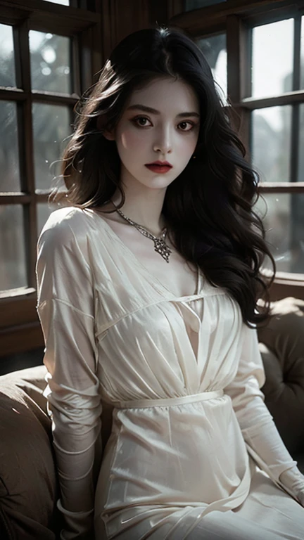 full body masterpiece, ultra realistic, 16k, high quality, incredibly detailed, dream aesthetic, dream atmosphere, cinematic, (sharp focus : 1.5), (photorealistic : 1.3) , A hyperrealistic young, very pale woman with long black hair and sad eyes, with a beautiful face, wearing a white dress. She is looking out of an old antique window. Horror and gothic atmosphere, with dramatic lighting and intricate details in both the woman and the surroundings. The window should have a gothic design, with shadows and light playing off her expression to enhance the mood of melancholy and mystery.