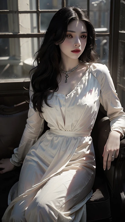 full body masterpiece, ultra realistic, 16k, high quality, incredibly detailed, dream aesthetic, dream atmosphere, cinematic, (sharp focus : 1.5), (photorealistic : 1.3) , A hyperrealistic young, very pale woman with long black hair and sad eyes, with a beautiful face, wearing a white dress. She is looking out of an old antique window. Horror and gothic atmosphere, with dramatic lighting and intricate details in both the woman and the surroundings. The window should have a gothic design, with shadows and light playing off her expression to enhance the mood of melancholy and mystery.