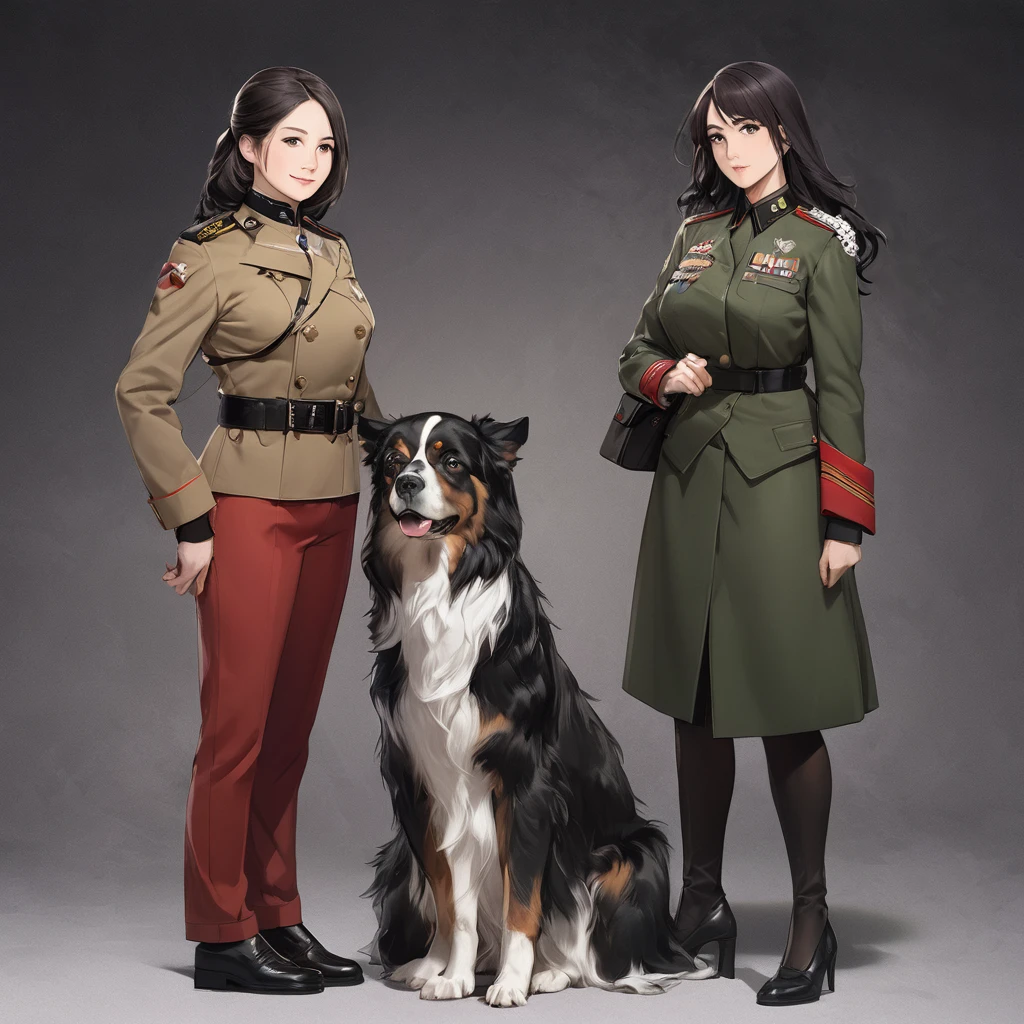 a woman with long dark shiny hair, mature woman, middle-aged woman, wearing military uniform, military officer uniform, full-body high resolution image, beautiful woman