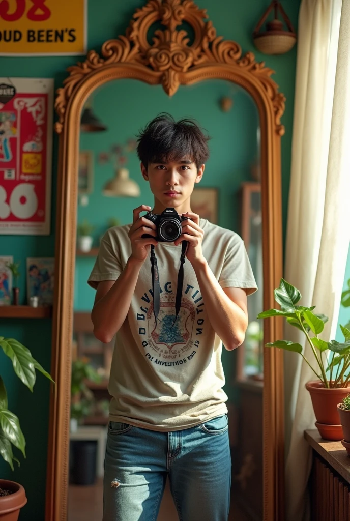 Make an image of a 19-year-old man taking a picture in a mirror