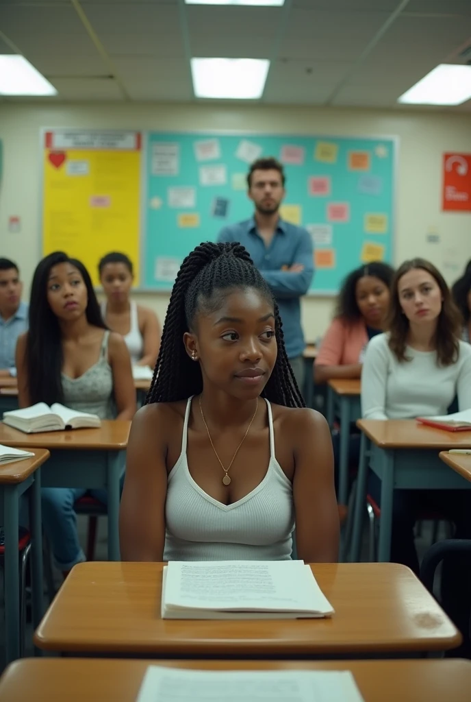 Create an image of a Black woman experiencing discrimination at school from teachers and students in the classroom, and they are laughing at her.