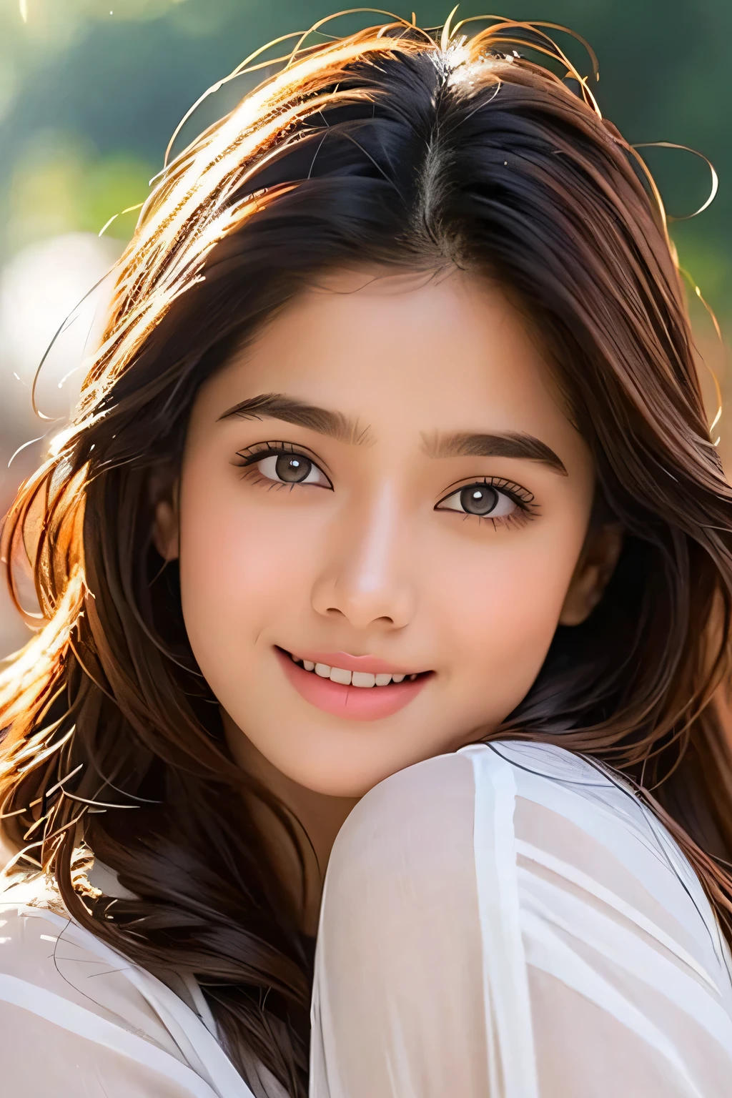A stunning Indian girl, 18 years old, poses waist-up in an ultra-realistic digital art piece by Razumov and Volegov. She gazes off-camera with a soft, natural light illuminating her rosy cheeks and v-shaped face. Her smooth skin is adorned with long, ginger hair styled in a bang, framing her detailed features. The focus is on her fantastic face, showcasing her bright smile and sparkling eyes. The background is a subtle watercolor blend, reminiscent of Cameron Gray's art style. The image is rendered at 8k resolution, blending the boundaries between digital and traditional mediums.