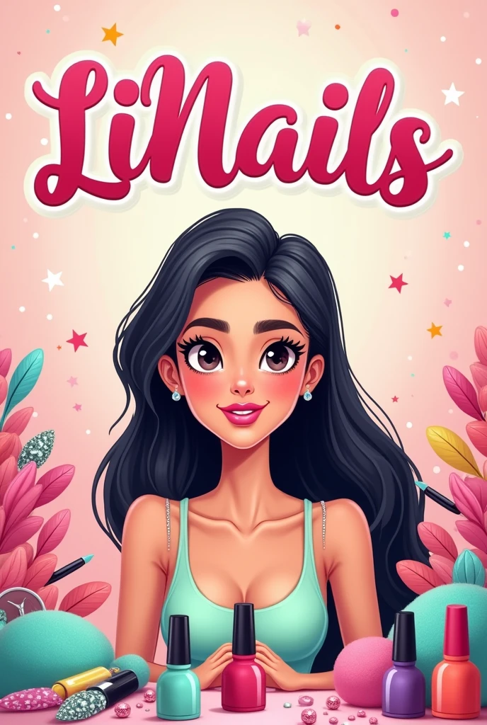 A photo where it has the name LiNails, which has a cartoon of a woman with straight dark hair and is surrounded by objects related to manicure and beauty, with attractive colors for the client