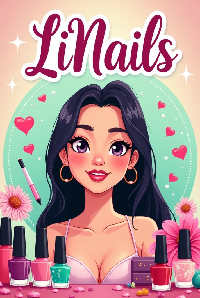 A photo where it has the name LiNails, which has a cartoon of a woman with straight dark hair and is surrounded by objects related to manicure and beauty, with attractive colors for the client