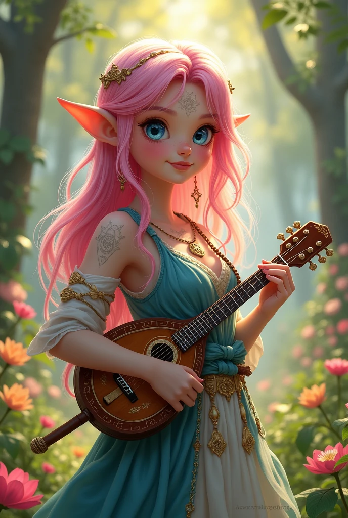 A very young and cheerful girl, She is an RPG character, her hair is pink and she has marks scattered across her body like mystical tattoos because she is the daughter of a fairy, She has elegant clothes for a musician because she is a bard, she has a mandolin and two beautiful swords, The marks she has are golden, She has human traits but her hair is quite pink and her ears are slightly large on her arms and neck, she has several golden mystical symbols in her hair, there are flowers and blue streaks