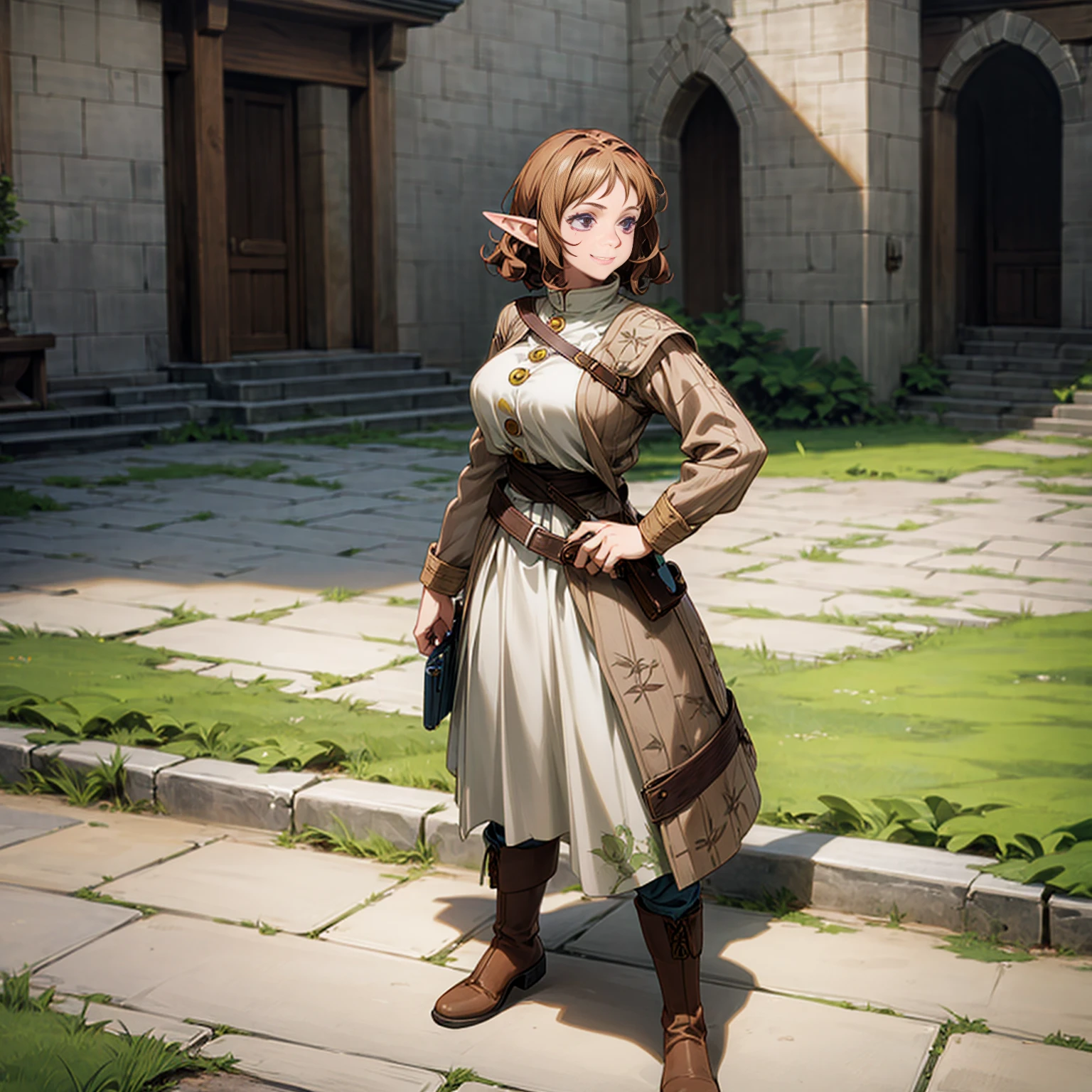 Solo character, full body version, old girl, (elf), purple eyes, brown color hair, long curly haircut, casual outfit, boots, outdoor, town, medieval, morning, standing gesture, detailed background, detailed clothing, detailed hair, (Bleach style art, Doraemon style art), happy eyes, smile mouth,  very big breast, hand gun in hand 