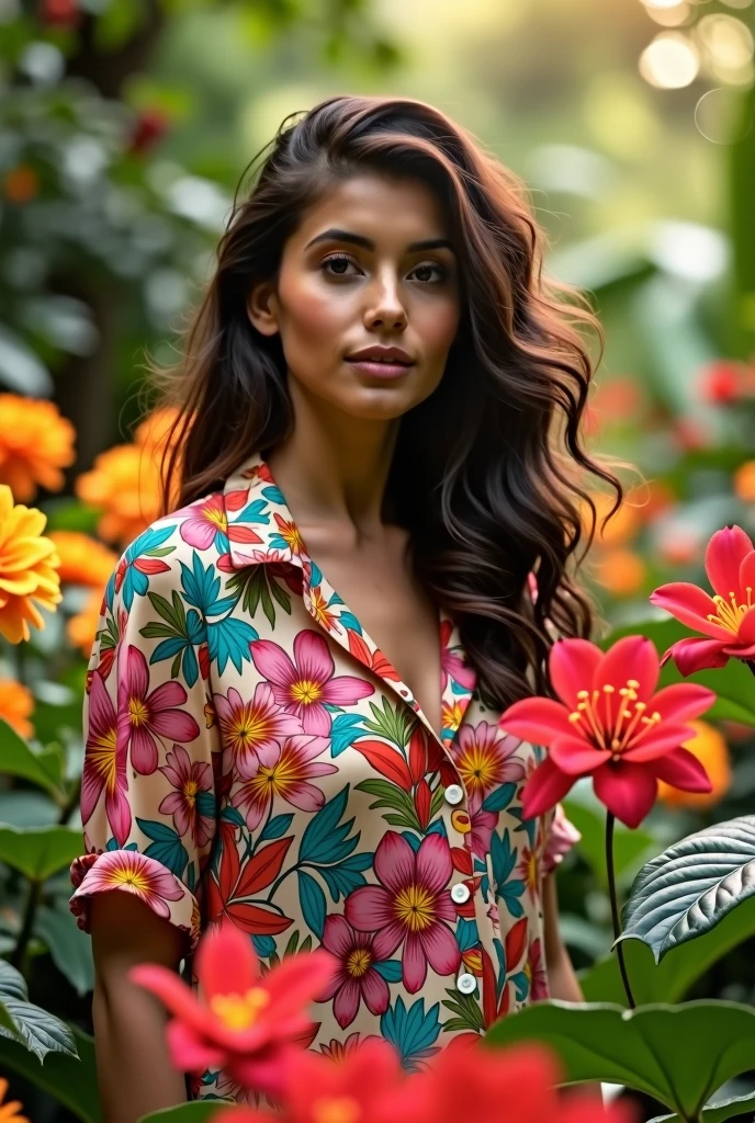 A Brazilian woman in a lush tropical garden, wearing an open shirt with a floral print, with a close-up capturing the harmonious beauty between her breasts and the natural flowers, showing off your natural charm and outgoing personality.