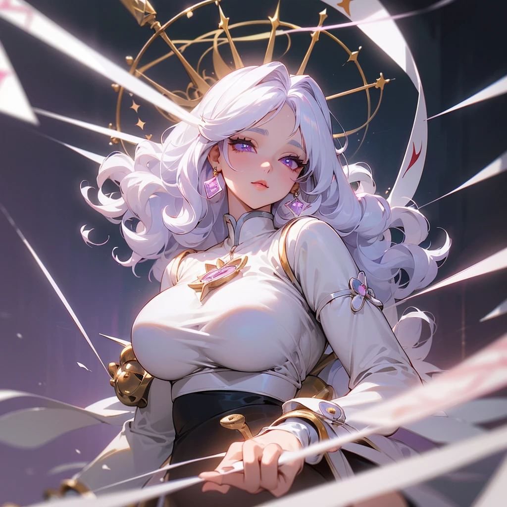 ((ultra quality)), ((masterpiece)), ((Angelic beauty woman)), ((long white curly hair)), ((White hair)), ((fluffy white hair)), ((curly hair)), (beautiful face), (beautiful thick lips), Enchanting ((Calm facial expression)), looks at the camera with a slight smile, (White skin color), (White skin), glow on the body, ((detailed eyes)), ((Sakura card captor)), ((animatronic)), ((violet eyes)), (juicy female lips), (dark eyeliner), (beautiful female hands), ((thick body)), ideal female body, beautiful waist, beautiful big hips, big breasts, thick thighs, ((threatening and beautiful)) (), ((depth of field)), ((high quality clear image)), (delete details), ((High detail)), ((clear focus))
